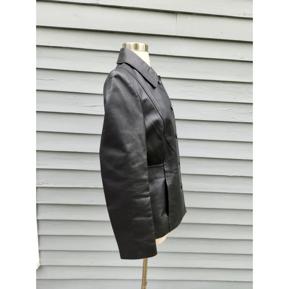 Vintage 90s y2k Leather Jacket Black Button Front Car Coat Burgundy Lining Small